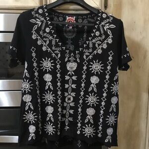 Johnny Was Black Top with White Embroidery